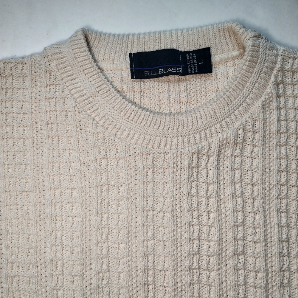 Bill Blass Vintage Sweater Men Cotton Cream Pullover Knit Crew Neck USA Ivory L - Picture 9 of 16